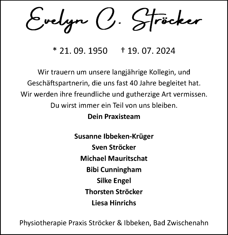  Traueranzeige für Evelyn Cornelia Ströcker vom 27.07.2024 aus Nordwest-Zeitung