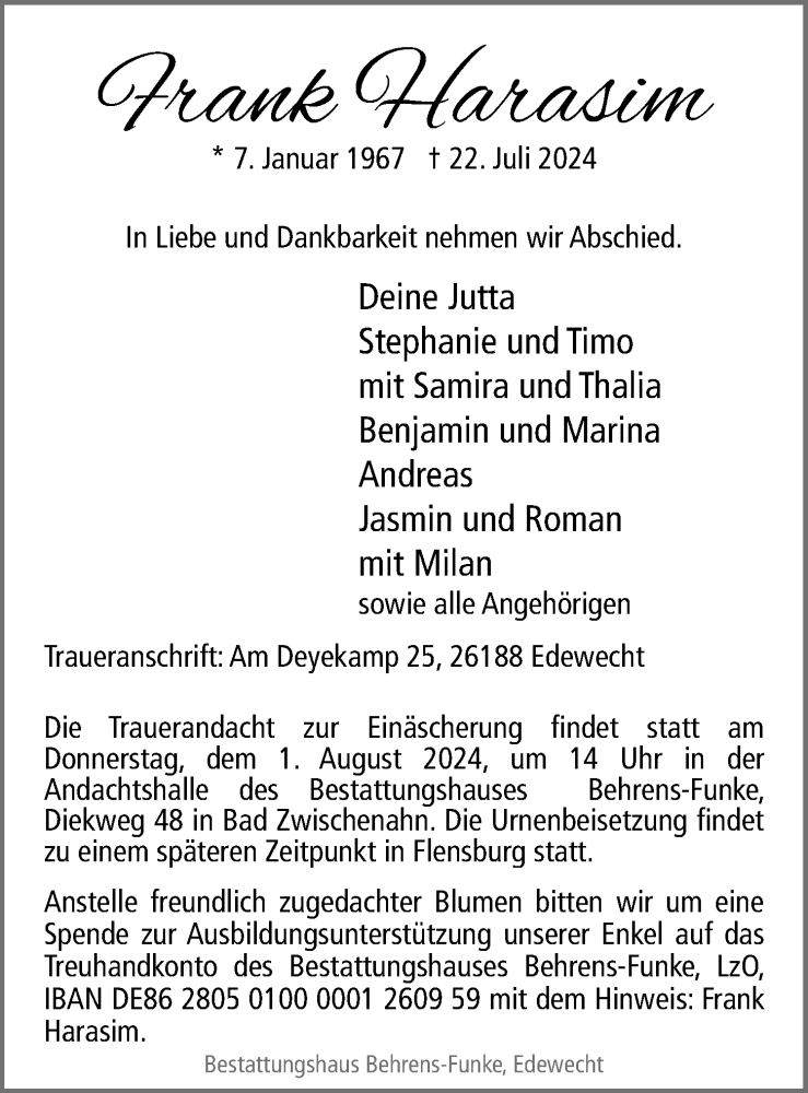  Traueranzeige für Frank Harasim vom 27.07.2024 aus Nordwest-Zeitung