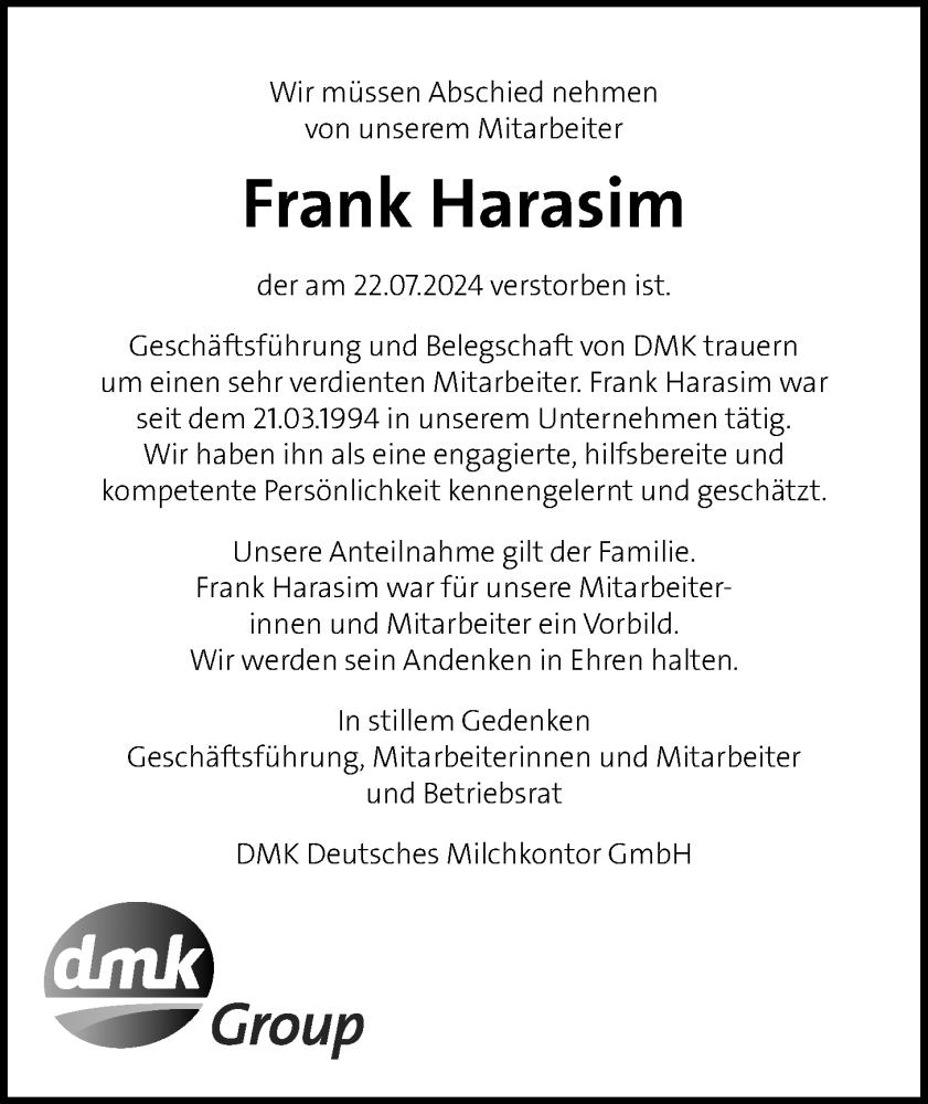  Traueranzeige für Frank Harasim vom 27.07.2024 aus Nordwest-Zeitung