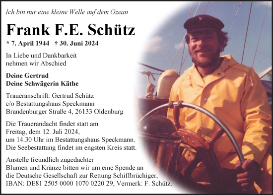 Traueranzeige von Frank F. E. Schütz von Nordwest-Zeitung