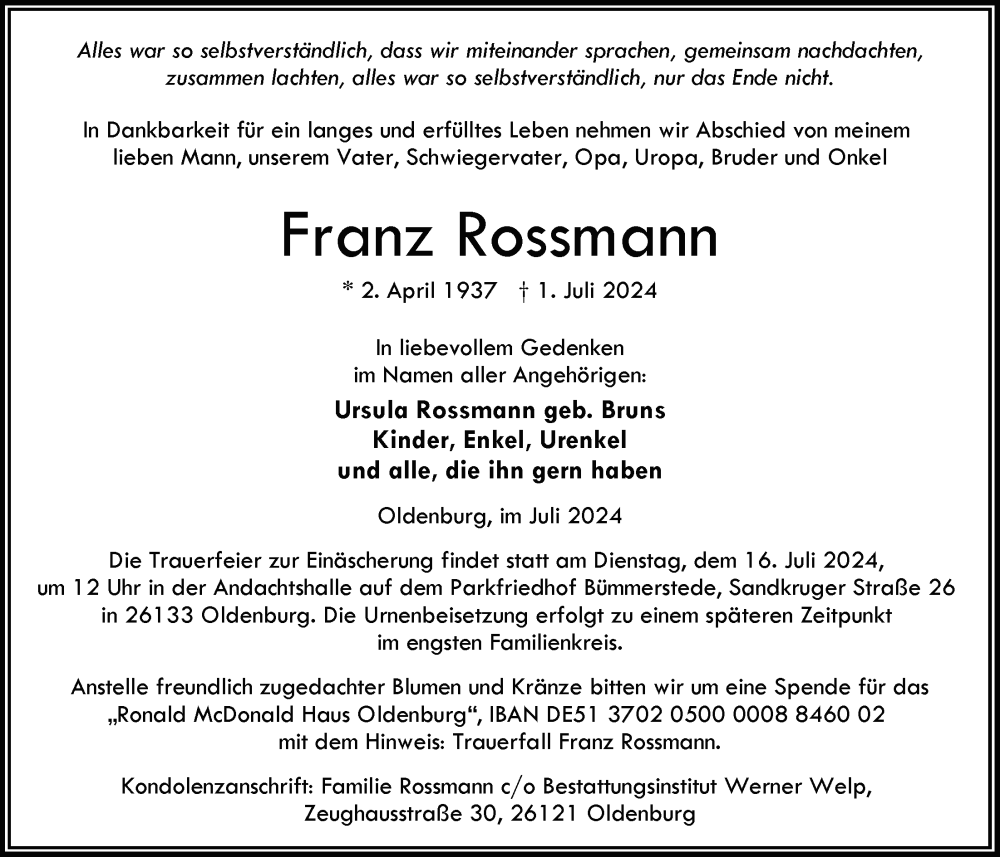  Traueranzeige für Franz Rossmann vom 09.07.2024 aus Nordwest-Zeitung