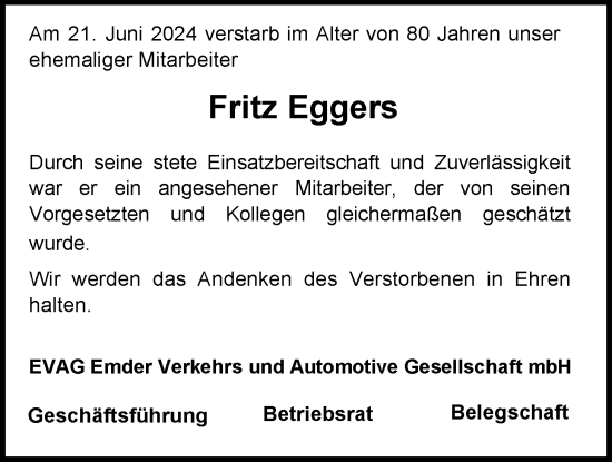 Traueranzeige von Fritz Eggers von Emder Zeitung