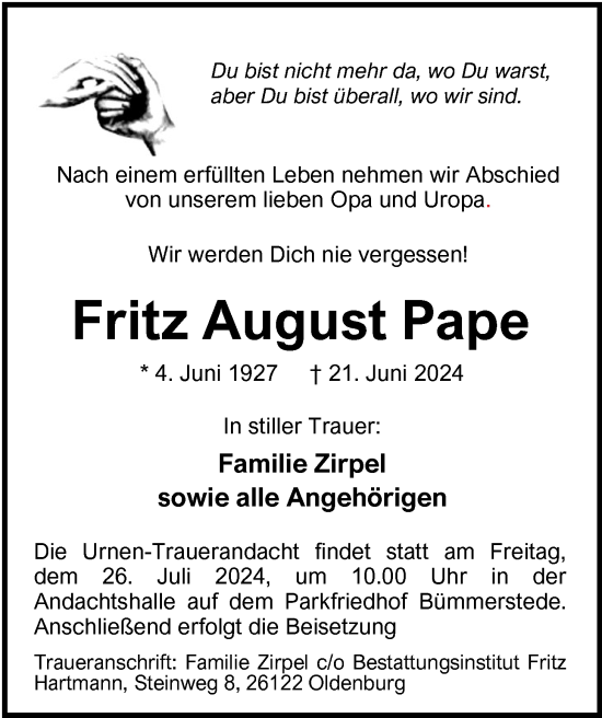 Traueranzeige von Fritz August Pape von Nordwest-Zeitung