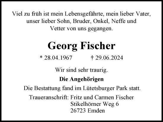 Traueranzeige von Georg Fischer von Emder Zeitung