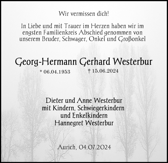 Traueranzeige von Georg-Hermann Gerhard Westerbur von Emder Zeitung