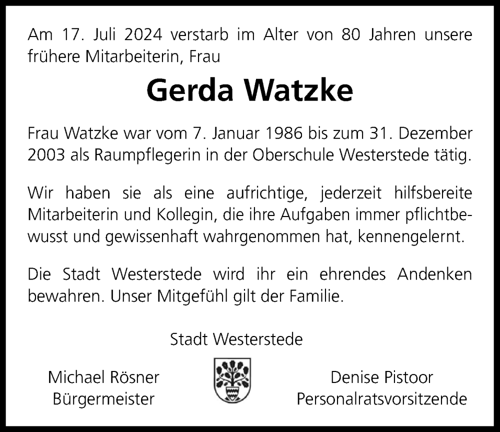  Traueranzeige für Gerda Watzke vom 26.07.2024 aus Nordwest-Zeitung