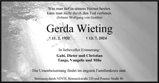 Traueranzeige von Gerda Wieting von WZ/JW/AH