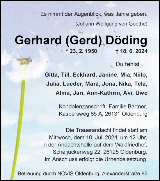 Traueranzeige von Gerhard Döding von Nordwest-Zeitung