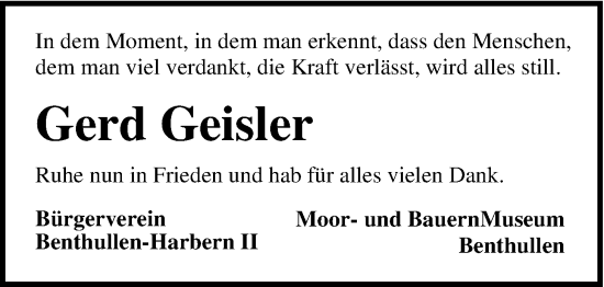 Traueranzeige von Gerhard Geisler von Nordwest-Zeitung