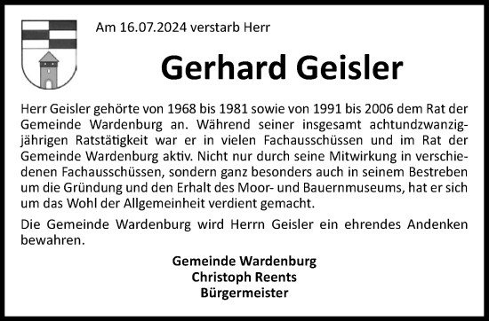 Traueranzeige von Gerhard Geisler von Nordwest-Zeitung