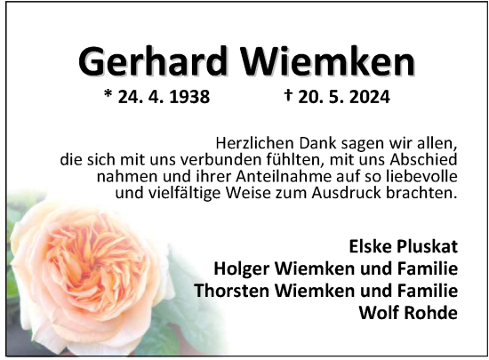 Traueranzeige von Gerhard Wiemken von Nordwest-Zeitung