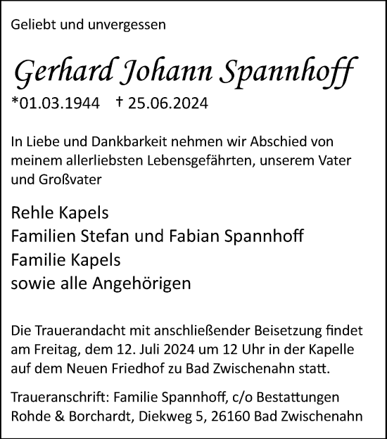 Traueranzeige von Gerhard Johann Spannhoff von Nordwest-Zeitung
