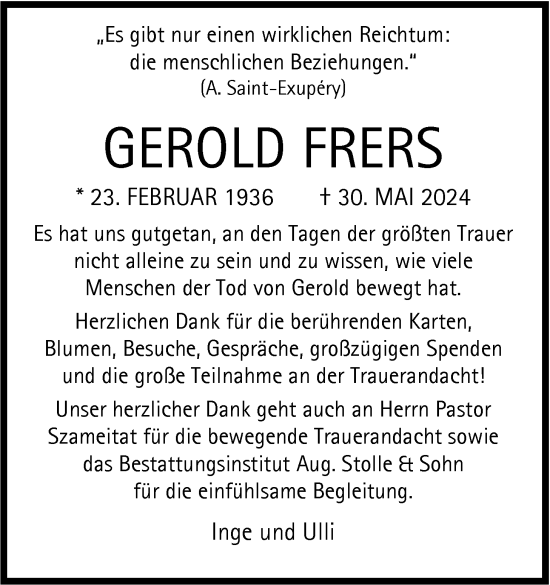 Traueranzeige von Gerold Frers von Nordwest-Zeitung