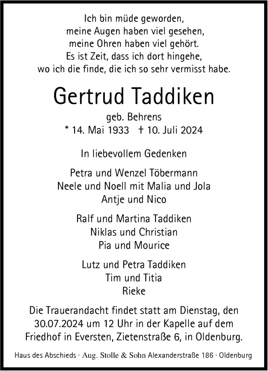 Traueranzeige von Gertrud Taddiken von Nordwest-Zeitung