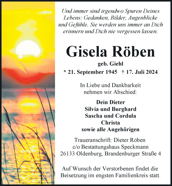 Traueranzeige von Gisela Röben von Nordwest-Zeitung