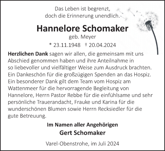 Traueranzeige von Hannelore Schomaker von Nordwest-Zeitung