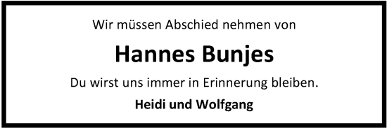 Traueranzeige von Hannes Bunjes von Nordwest-Zeitung