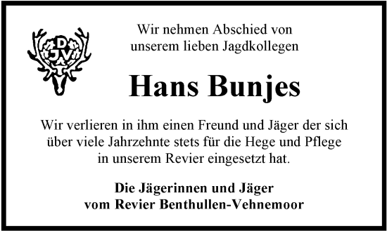 Traueranzeige von Hans Bunjes von Nordwest-Zeitung