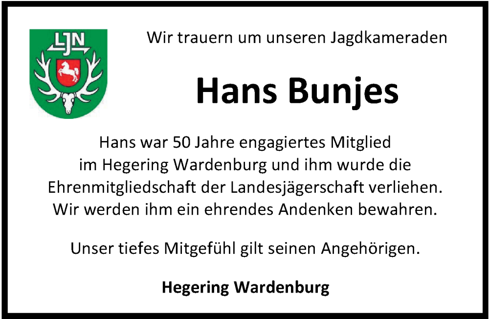  Traueranzeige für Hans Bunjes vom 27.07.2024 aus Nordwest-Zeitung