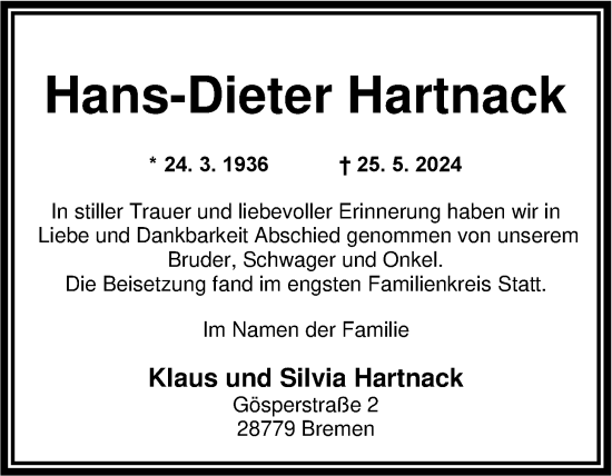 Traueranzeige von Hans-Dieter Hartnack von WZ/JW/AH