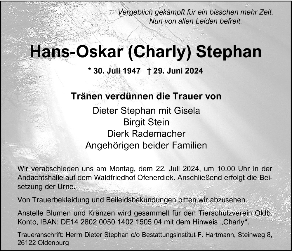  Traueranzeige für Hans-Oskar Stephan vom 13.07.2024 aus Nordwest-Zeitung