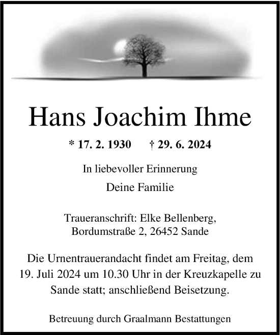 Traueranzeige von Hans Joachim Ihme von WZ/JW/AH