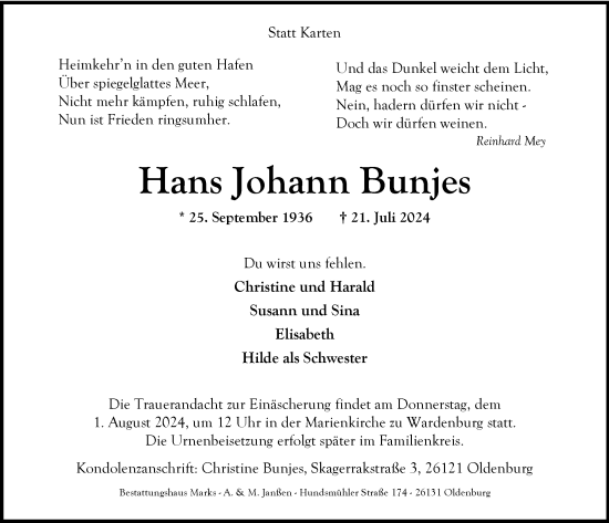 Traueranzeige von Hans Johann Bunjes von Nordwest-Zeitung