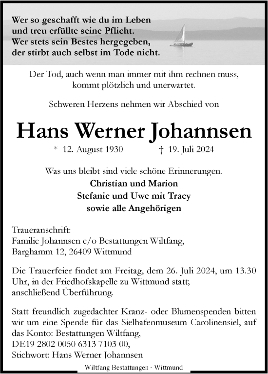 Traueranzeige von Hans Werner Johanssen von WZ/JW/AH