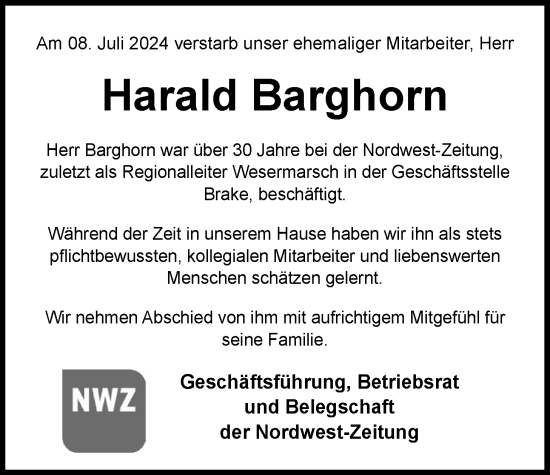 Traueranzeige von Harald Barghorn von Nordwest-Zeitung