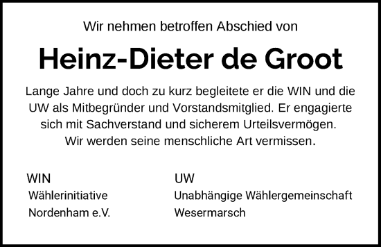 Traueranzeige von Heinz-Dieter de Groot von Nordwest-Zeitung