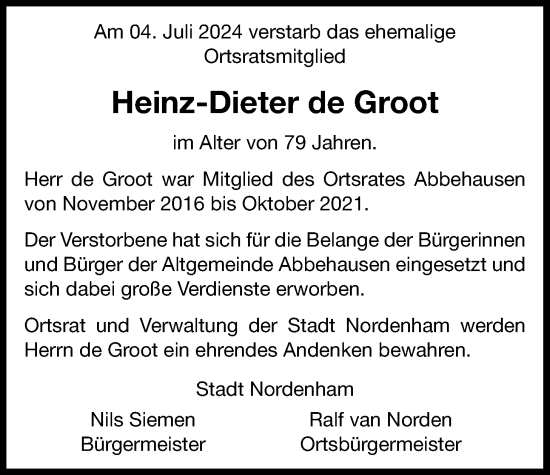 Traueranzeige von Heinz-Dieter de Groot von Nordwest-Zeitung