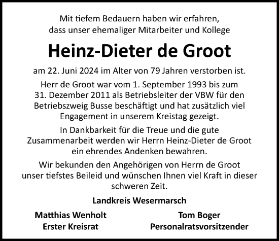 Traueranzeige von Heinz-Dieter de Groot von Nordwest-Zeitung