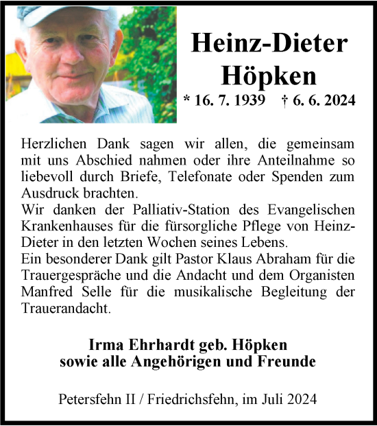 Traueranzeige von Heinz-Dieter Höpken von Nordwest-Zeitung