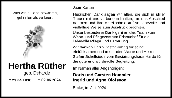 Traueranzeige von Hertha Rüther von Nordwest-Zeitung