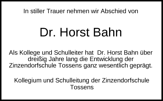 Traueranzeige von Horst Bahn von Nordwest-Zeitung