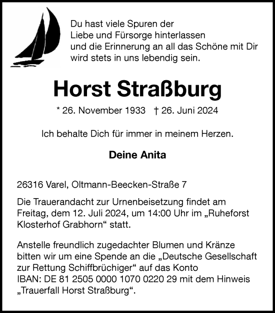 Traueranzeige von Horst Straßburg von Nordwest-Zeitung