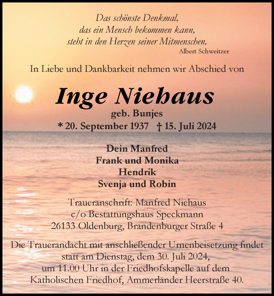 Traueranzeige von Inge Niehaus von Nordwest-Zeitung
