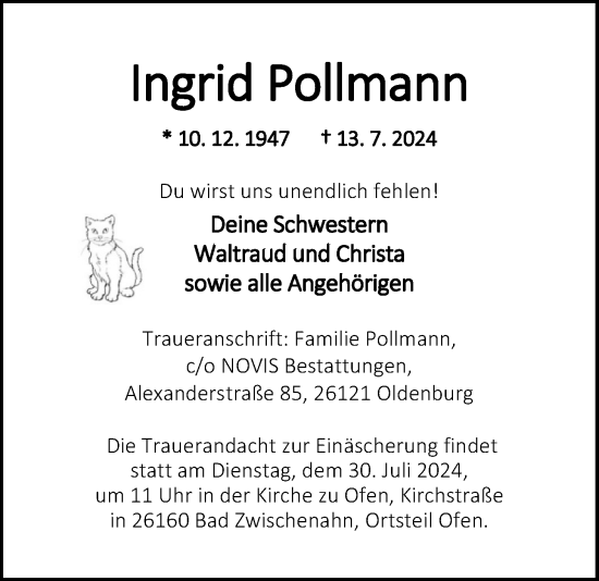 Traueranzeige von Ingrid Pollmann von Nordwest-Zeitung