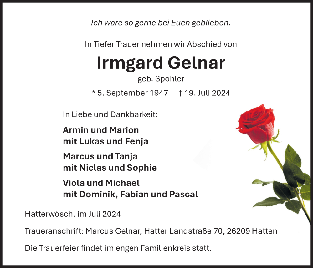  Traueranzeige für Irmgard Gelnar vom 27.07.2024 aus Nordwest-Zeitung