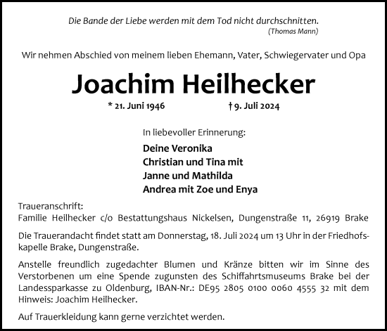 Traueranzeige von Joachim Heilhecker von Nordwest-Zeitung