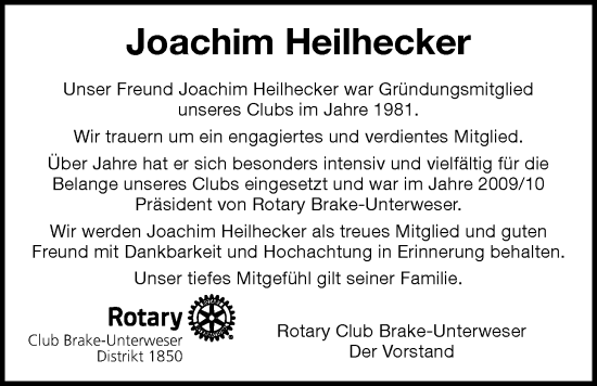 Traueranzeige von Joachim Heilhecker von Nordwest-Zeitung