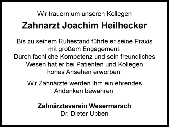 Traueranzeige von Joachim Heilhecker von Nordwest-Zeitung