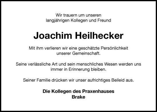 Traueranzeige von Joachim Heilhecker von Nordwest-Zeitung