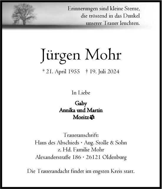 Traueranzeige von Jürgen Mohr von Nordwest-Zeitung