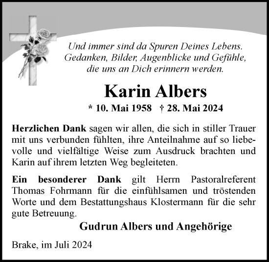 Traueranzeige von Karin Albers von Nordwest-Zeitung