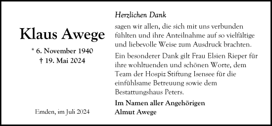 Traueranzeige von Klaus Awege von Emder Zeitung