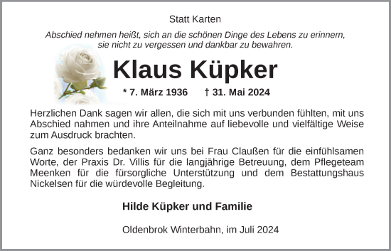 Traueranzeige von Klaus Küpker von Nordwest-Zeitung