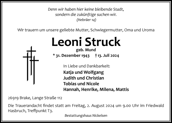 Traueranzeige von Leoni Struck von Nordwest-Zeitung