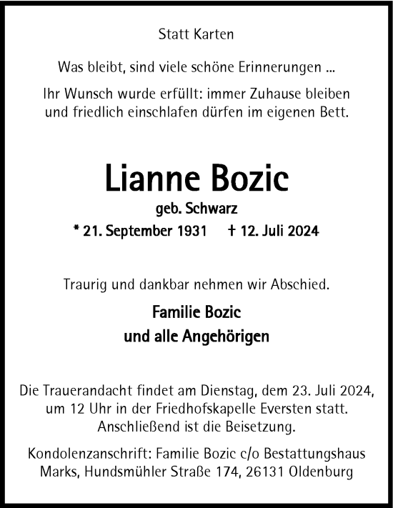 Traueranzeige von Lianne Bozic von Nordwest-Zeitung