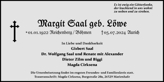 Traueranzeige von Margit Saal von Emder Zeitung